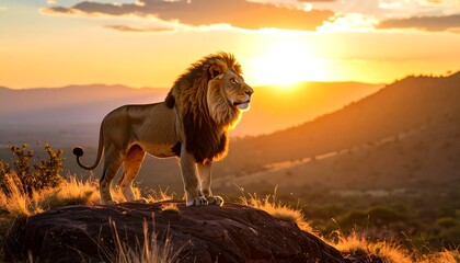 Majestic Lion King Stands Proud Against Golden African Sunset with Wildlife Portrait.