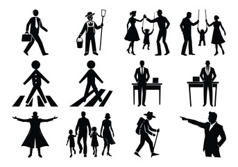 This collection features various black vector silhouettes and icons of business people, families, and individuals engaged in work or walking, perfect for diverse design needs