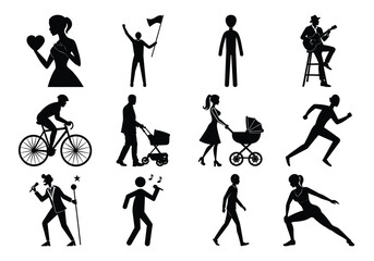 A diverse collection of vector silhouettes illustrating people in various actions like dance, sport, business, and walking, including men, women, children, and families