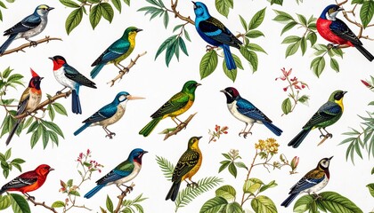 A vibrant collage of various colorful bird illustrations perched on branches with leaves and small flowers against a white background.