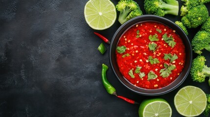 A vibrant bowl of red salsa garnished with cilantro, surrounded by lime halves, broccoli, and chili peppers on a dark background.