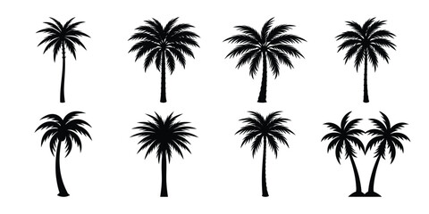 Tropical palm tree silhouettes at sunset on a beach create a serene summer landscape illustration