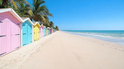 Obraz premium Colorful beach huts line empty sandy shore under clear blue sky, creating serene atmosphere