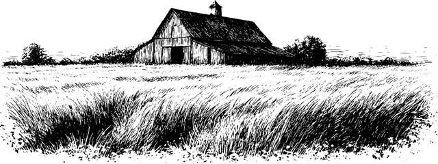 Rustic barn with countryside landscape in engraved illustration design