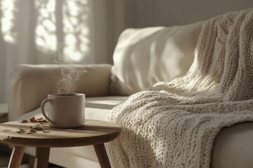 Cozy Autumn Morning: Warm Drink and Knit Blanket on a Sofa