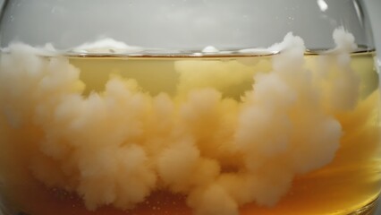 A close-up view of a SCOBY floating in a jar, showcasing the intricate textures and colors. This macro shot captures the subtle motion of the kombucha culture in its natural fermentation process.