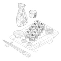 A plate of sushi with chopsticks and a bottle of soy sauce. Concept of Japanese culture and the importance of sharing food with others