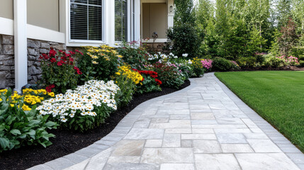 Obraz premium Colorful flowers line stone pathway in beautiful garden, creating vibrant atmosphere
