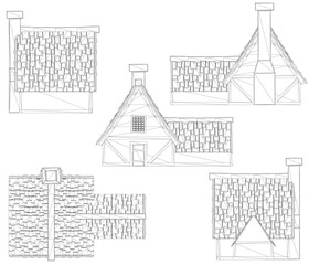 Fototapeta premium The image is a series of drawings of different types of roofs. The drawings are all in black and white and show the roofs from different angles. Scene is somewhat somber