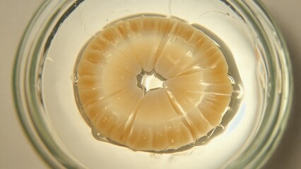 A macro shot captures a floating SCOBY culture in a clear glass jar. The image beautifully showcases the unique texture and round shape of the culture, perfect for health or fermentation projects.
