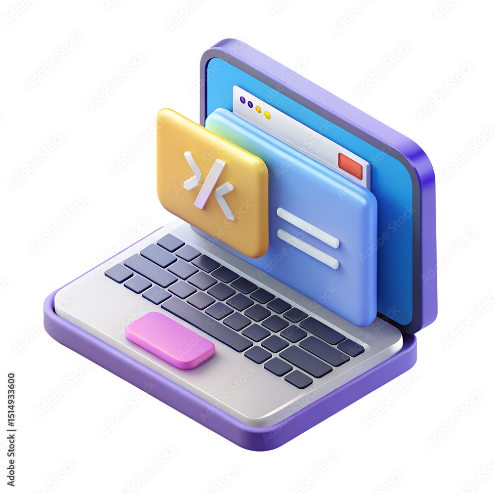 Poster 3d render of a laptop with code and document files icon