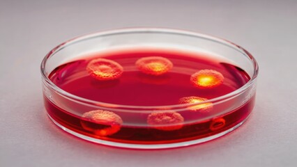 Close-up view of glowing samples in a red petri dish, showcasing the intricate details of biological analysis. This macro image highlights the beauty of scientific exploration.