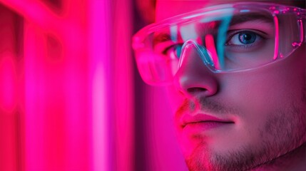 A man in safety glasses is illuminated by vibrant pink and blue neon lighting, creating a futuristic and modern atmosphere.