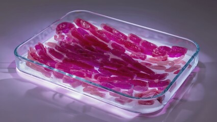This captivating image showcases a vivid lab-grown meat sample arranged in a glass dish. The macro focus highlights its unique texture and innovative presentation.