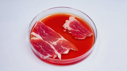 A vivid close-up of lab-grown meat in a petri dish featuring a striking red liquid. The image highlights modern biotechnological advancements in food production.