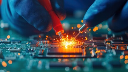 Gloved hands soldering electronic components on a circuit board, with bright sparks illuminating the process.