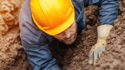A construction worker in a hard hat and gloves digs in a trench, focusing on manual labor in a soil environment.
