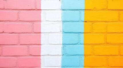 A brick wall painted in vertical stripes of pink, white, blue, and yellow.
