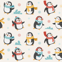 Jolly Penguins. Seamless vector pattern. For textile, packaging, background