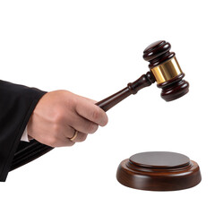The Gavel's Judgement: A person's hand, dressed in legal attire, firmly grips a ceremonial gavel, poised to declare a verdict on a case.