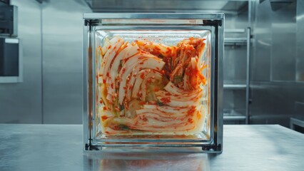 Experience the vibrant process of kimchi fermentation in a clear jar through time lapse. Witness the transformation of fresh ingredients into a flavorful, traditional dish.