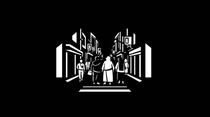 A stark, monochromatic depiction of a street scene with stylized figures walking between buildings