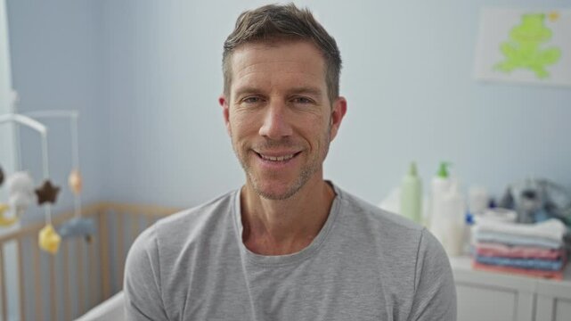 Handsome man sitting in a cozy bedroom with a crib, showcasing a serene home atmosphere.