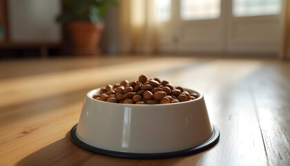 Dog food bowl filled with kibble on wooden floor in cozy interior  