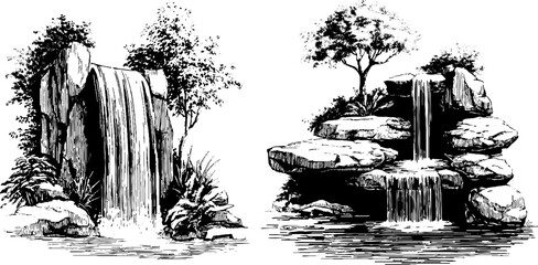Elegant engraved illustration of majestic tall waterfalls and natural landscapes