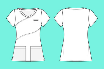 Ladies V neck short sleeve Modern Medical Scrub Tops technical drawing fashion flat sketch CAD mockup front and back views.