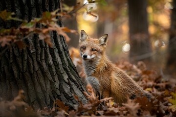 Fototapeta premium Red fox in autumn forest near tree trunk