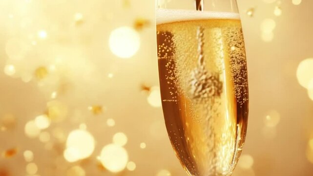 Sparkling champagne in a flute, celebrating a special occasion with golden bokeh background