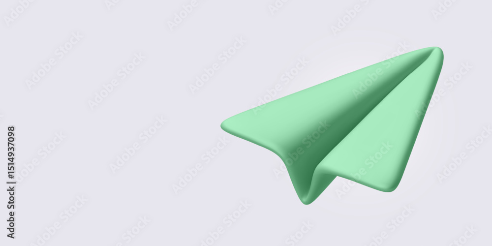 Poster minimal 3d paper plane in glossy green color floating on soft background. perfect for messaging, sen