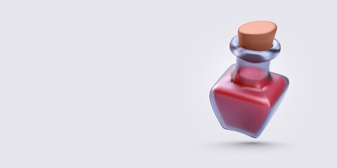 Magic Potion Bottle with Red Liquid and Cork Stopper in Glossy Transparent Glass. Ideal for Fantasy, RPG, or Alchemy-Themed Projects. Vector Illustration.