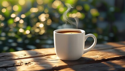 Obraz premium Warm Morning Coffee Steam Rising From Mug On Rustic Wooden Table Outdoor Setting Sunlight Through Leaves Creates Relaxing Atmosphere Perfect Start To The Day