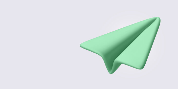 Minimal 3D Paper Plane in Glossy Green Color Floating on Soft Background. Perfect for Messaging, Send Icon, or Startup and Communication Themes. Vector Illustration.