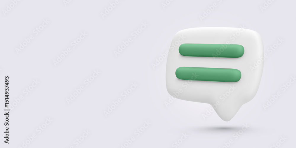 Poster white 3d chat bubble with two green text lines, floating on light background. great for messaging ui