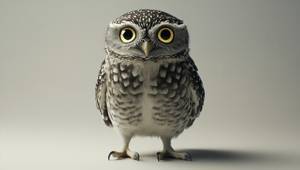 Eye-Level Full-Body Shot of Owl with Striped Head and Yellow Eyes on Plain Background