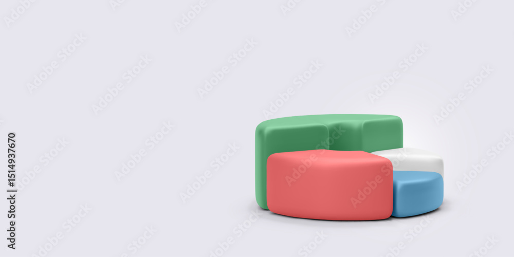Poster 3d pie chart with soft rounded segments in colorful design, ideal for crypto analytics, business rep
