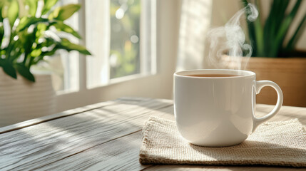 Steaming cup of tea sits on wooden table, surrounded by warm morning ambiance and greenery