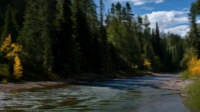 Tranquil river flowing through evergreen forest and a small patch of yellow trees under a blue sky with scattered clouds.