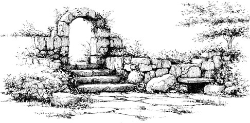 Vintage engraving of vineyard with stone wall and archway landscape design