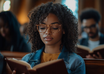 Young People Reading Bible Together in Church