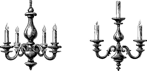 Vintage chandelier engravings set for antique decor and design projects