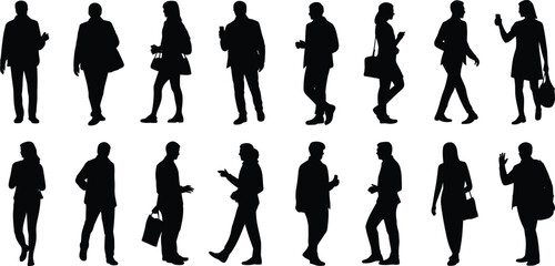 Vector silhouettes of modern urban people with bags and smartphones, perfect for creative design, lifestyle illustrations, and business graphics
