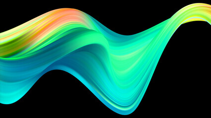 Vibrant abstract wave with green, blue, and yellow hues on black, ideal for modern designs and backgrounds.