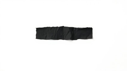 A torn strip of black leather-like fabric lies against a clean white background. The textured surface and ragged edge are highlighted in this crisp minimalist shot, suitable for material, textile, or