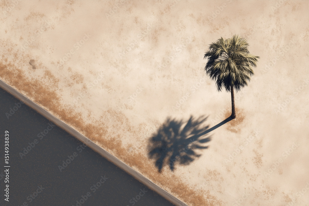 Poster a palm tree casts a shadow on the ground. the tree is alone in the desert, with no other trees or ve