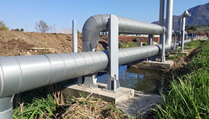 Industrial pipeline crossing a stream amid natural landscape setting outdoors