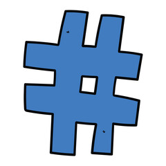Hand drawn cartoon blue hashtag icon on white background.